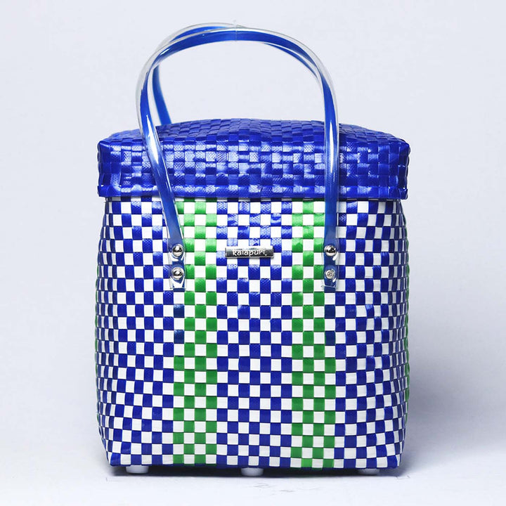 Handwoven Blue & Green Checked Storage Basket With Lid