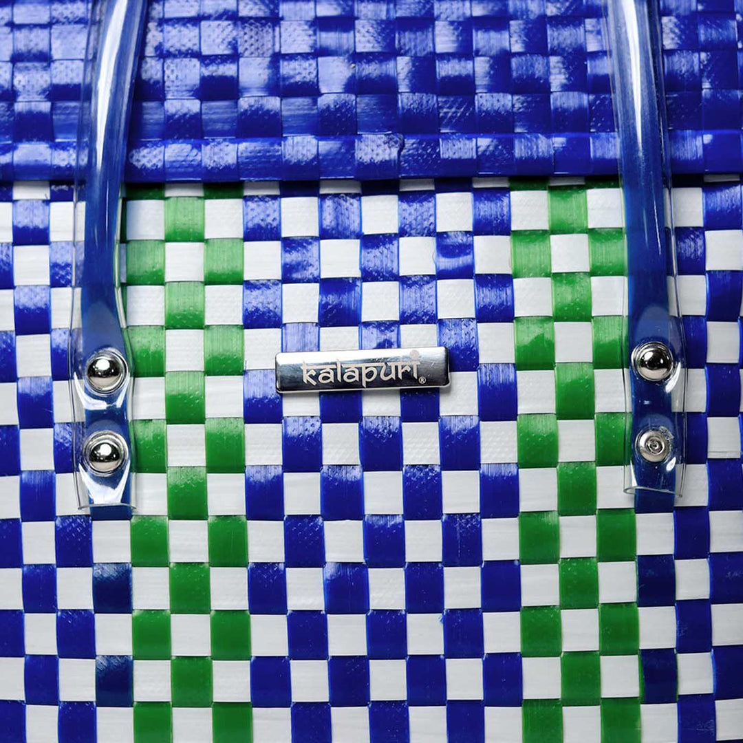 Handwoven Blue & Green Checked Storage Basket With Lid