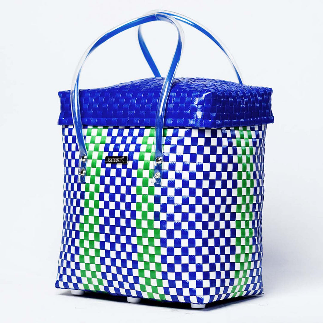 Handwoven Blue & Green Checked Storage Basket With Lid
