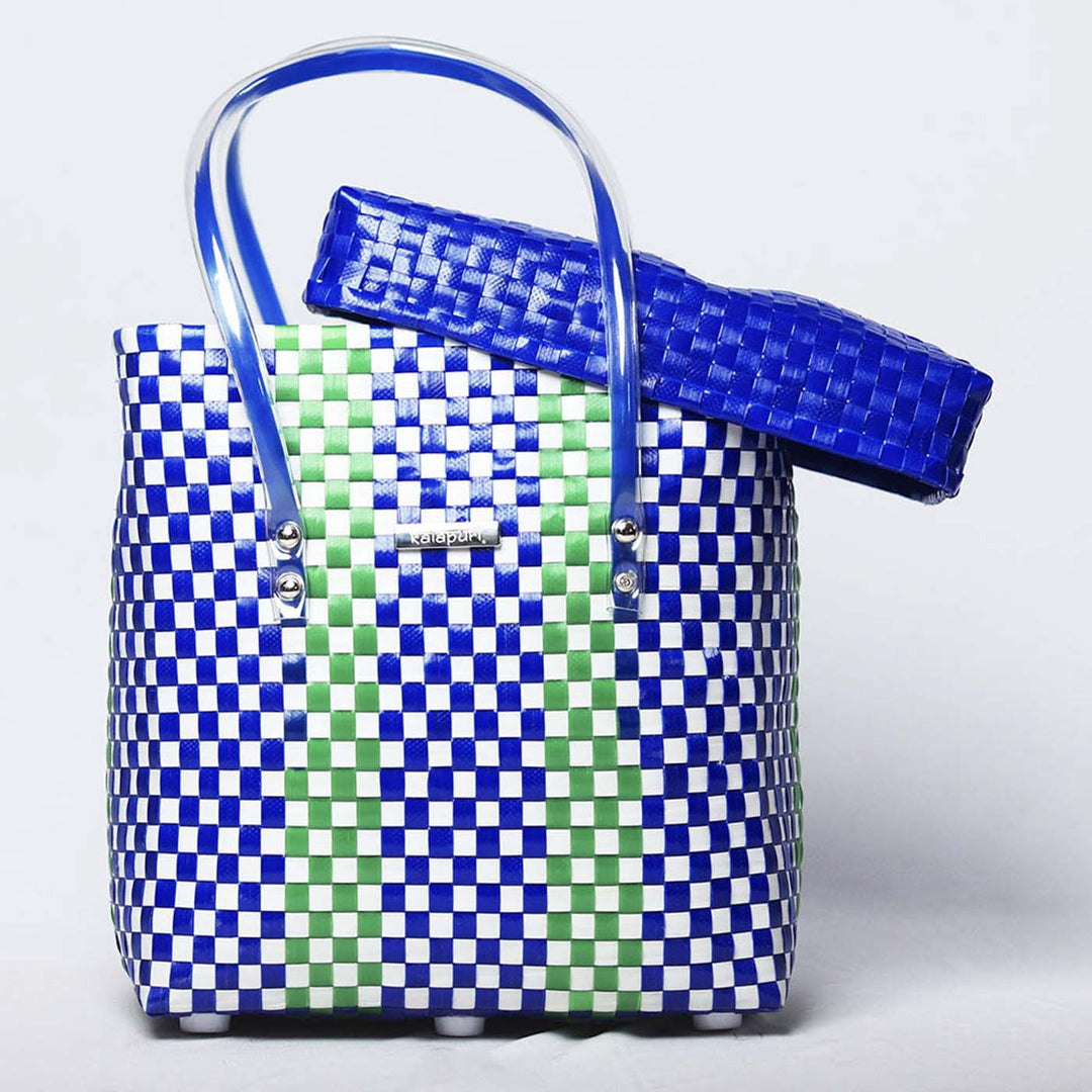Handwoven Blue & Green Checked Storage Basket With Lid