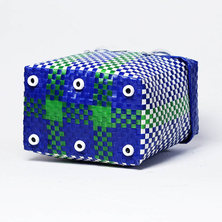 Handwoven Blue & Green Checked Storage Basket With Lid