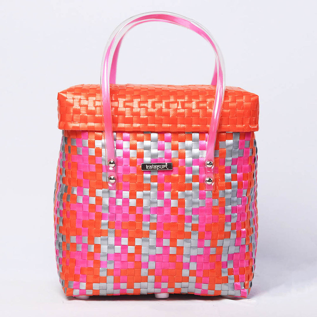 Handwoven Pink, Orange & Silver Storage Basket With Lid