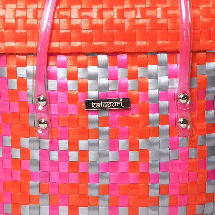 Handwoven Pink, Orange & Silver Storage Basket With Lid