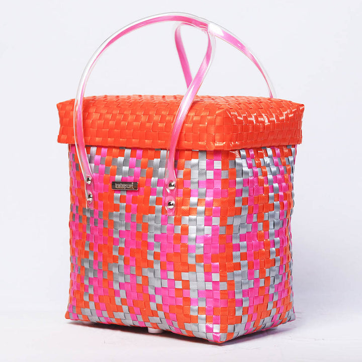 Handwoven Pink, Orange & Silver Storage Basket With Lid