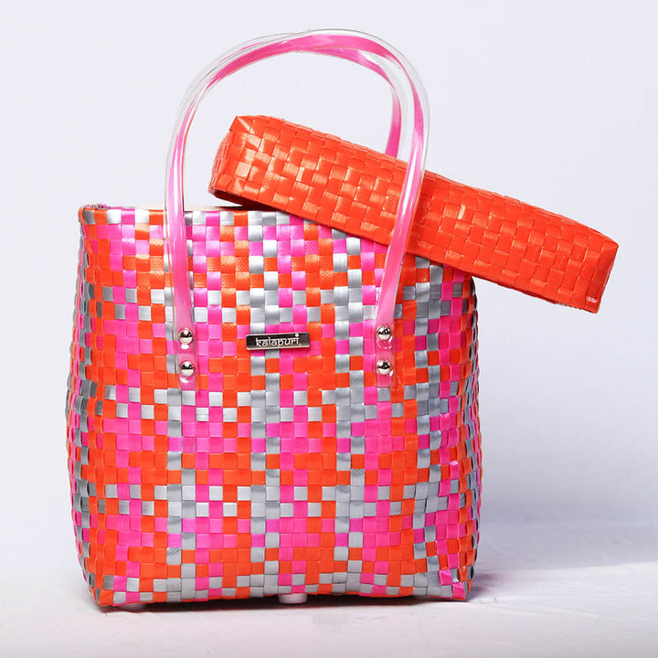 Handwoven Pink, Orange & Silver Storage Basket With Lid