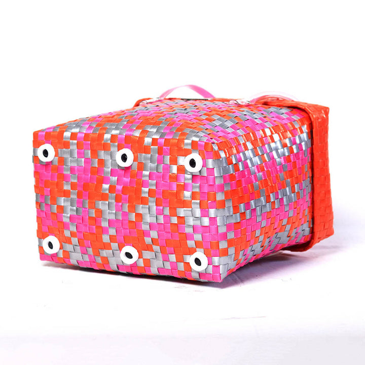 Handwoven Pink, Orange & Silver Storage Basket With Lid