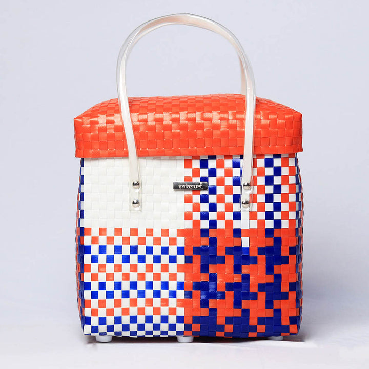 Handwoven Orange, Blue & White Storage Basket With Lid