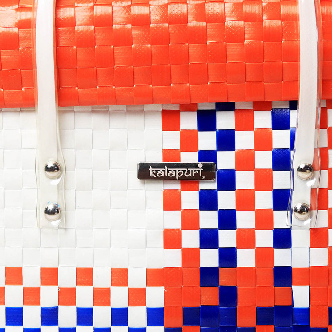 Handwoven Orange, Blue & White Storage Basket With Lid