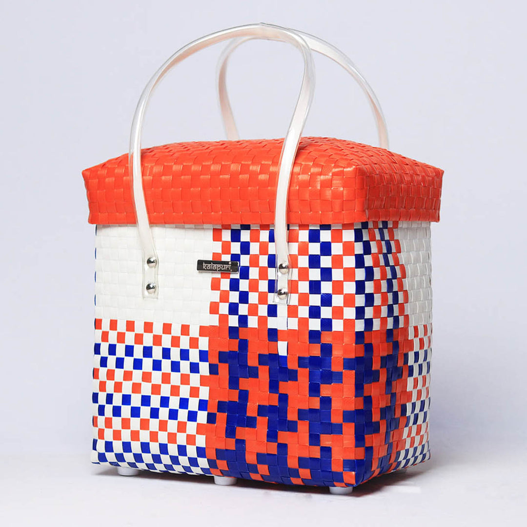 Handwoven Orange, Blue & White Storage Basket With Lid