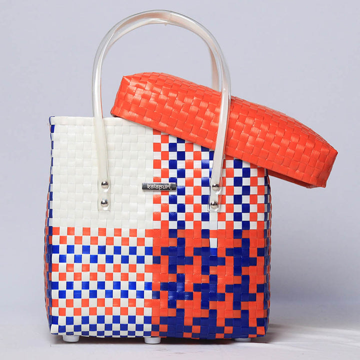 Handwoven Orange, Blue & White Storage Basket With Lid