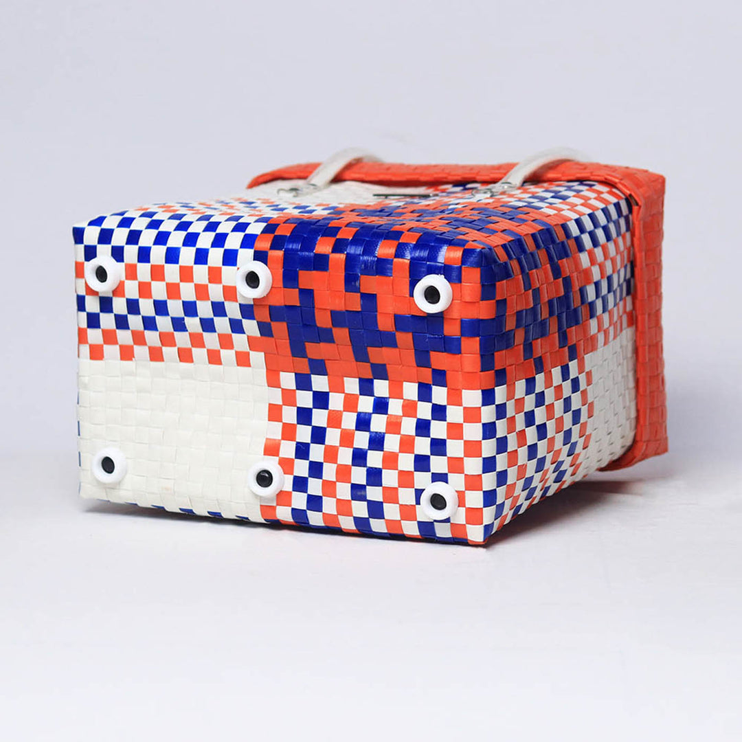 Handwoven Orange, Blue & White Storage Basket With Lid