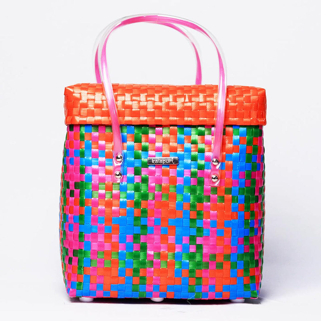 Handwoven Multicolor Woven Storage Basket With Orange Lid