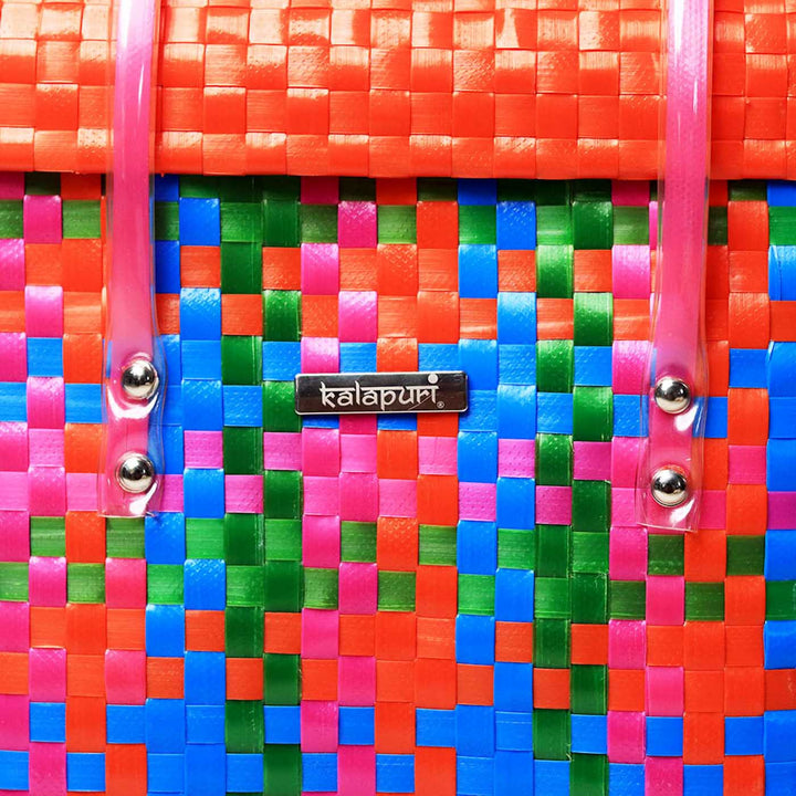 Handwoven Multicolor Woven Storage Basket With Orange Lid