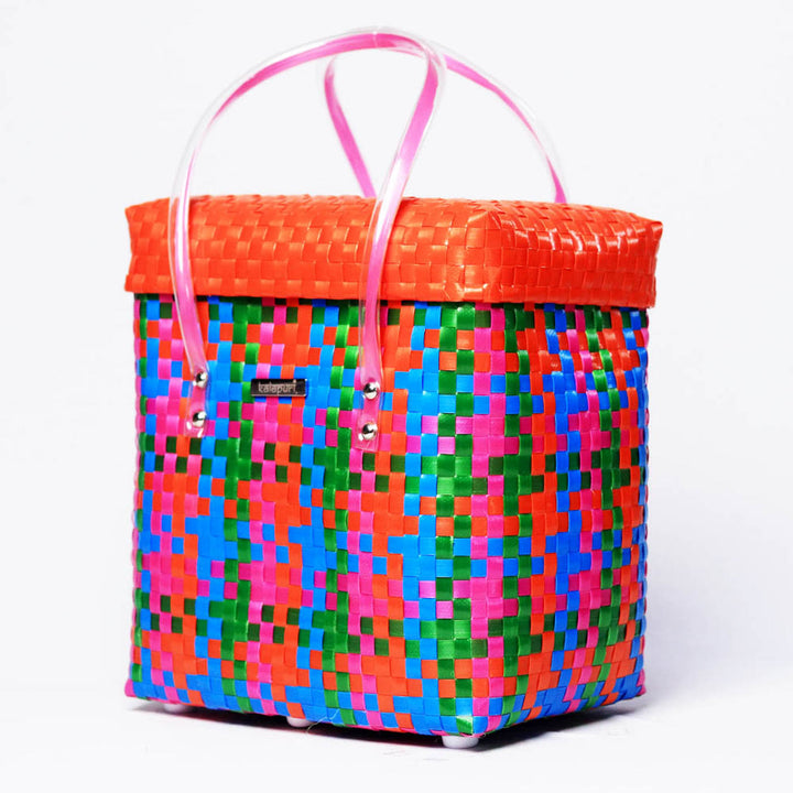 Handwoven Multicolor Woven Storage Basket With Orange Lid
