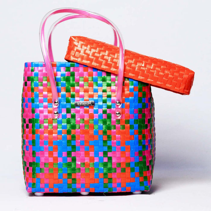 Handwoven Multicolor Woven Storage Basket With Orange Lid