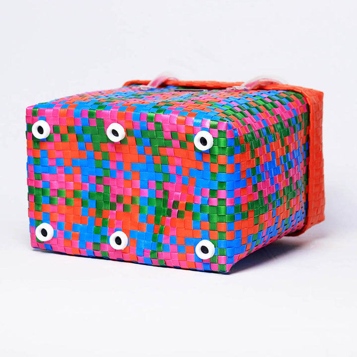 Handwoven Multicolor Woven Storage Basket With Orange Lid