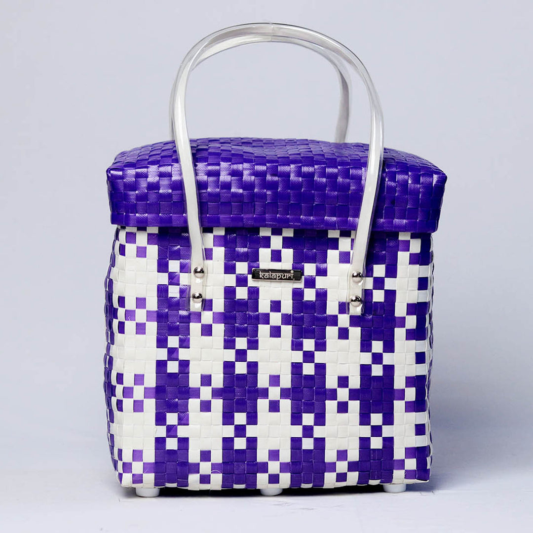 Handwoven Purple & White Checked Storage Basket With Lid