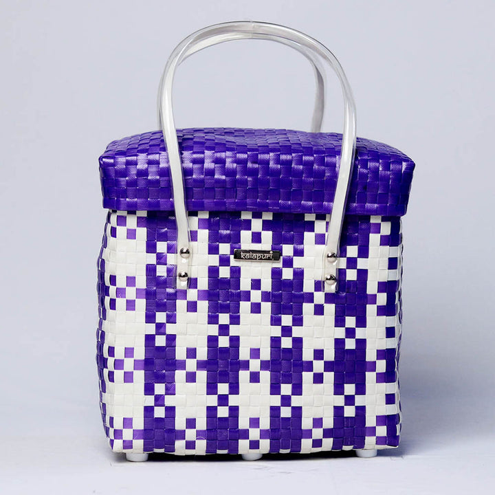 Handwoven Purple & White Checked Storage Basket With Lid
