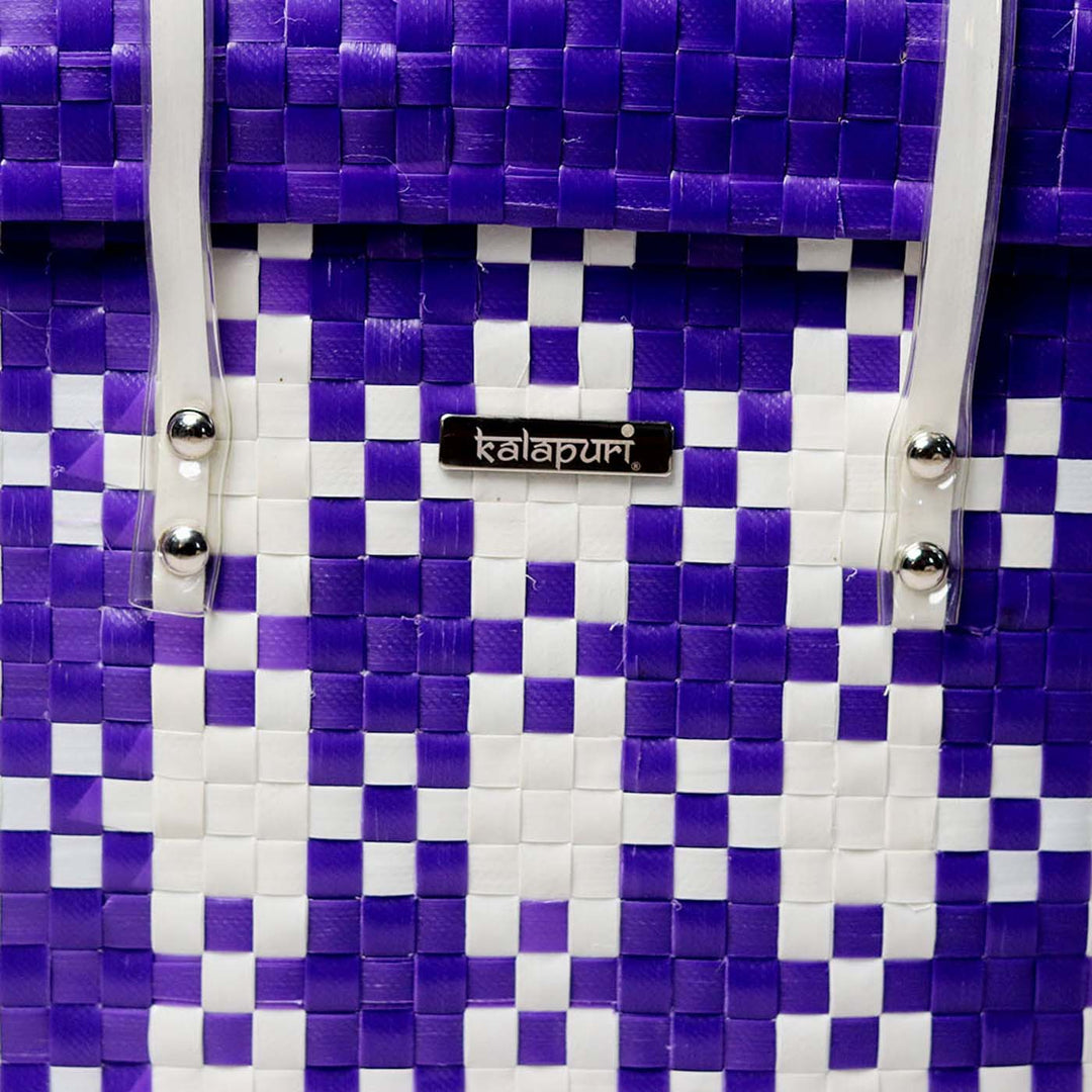 Handwoven Purple & White Checked Storage Basket With Lid