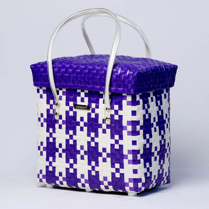 Handwoven Purple & White Checked Storage Basket With Lid