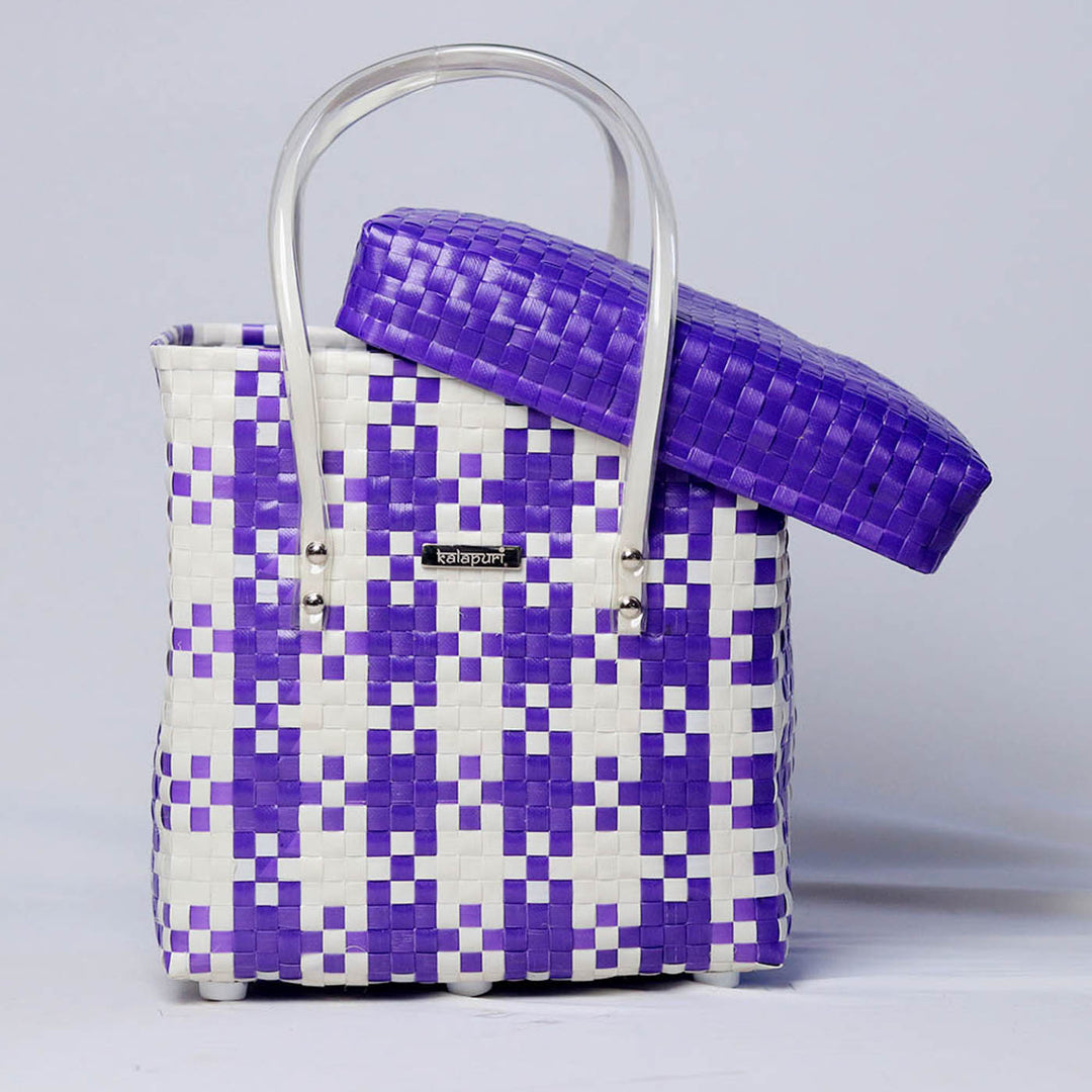 Handwoven Purple & White Checked Storage Basket With Lid