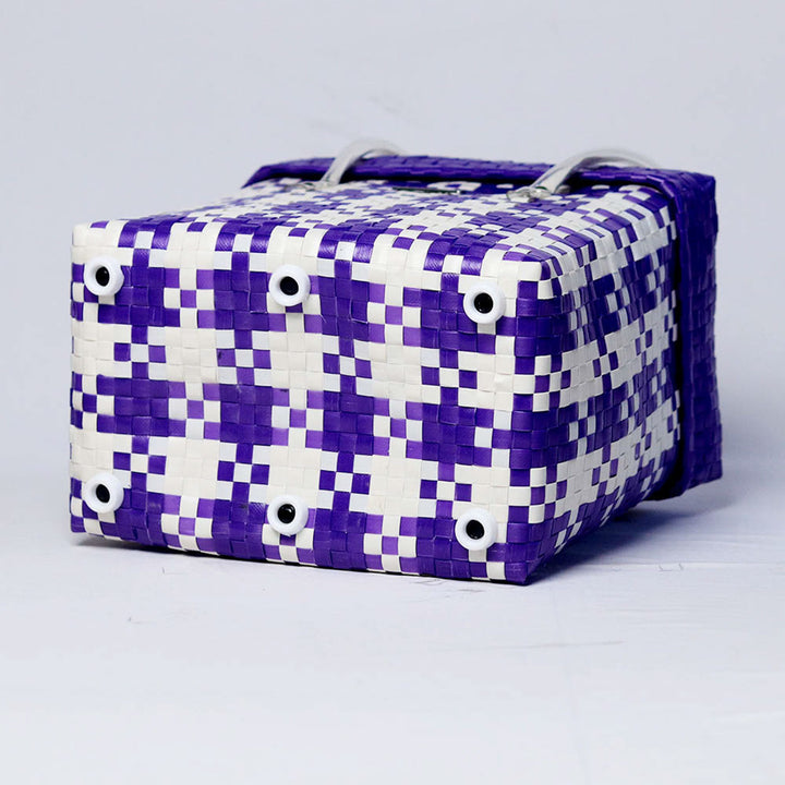 Handwoven Purple & White Checked Storage Basket With Lid