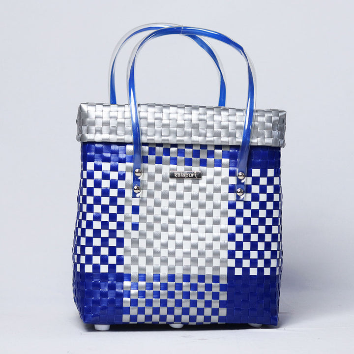 Handwoven Blue & White Checked Storage Basket With Grey Lid