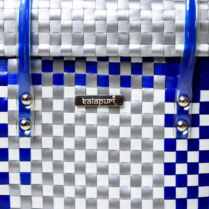 Handwoven Blue & White Checked Storage Basket With Grey Lid