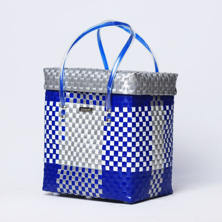Handwoven Blue & White Checked Storage Basket With Grey Lid