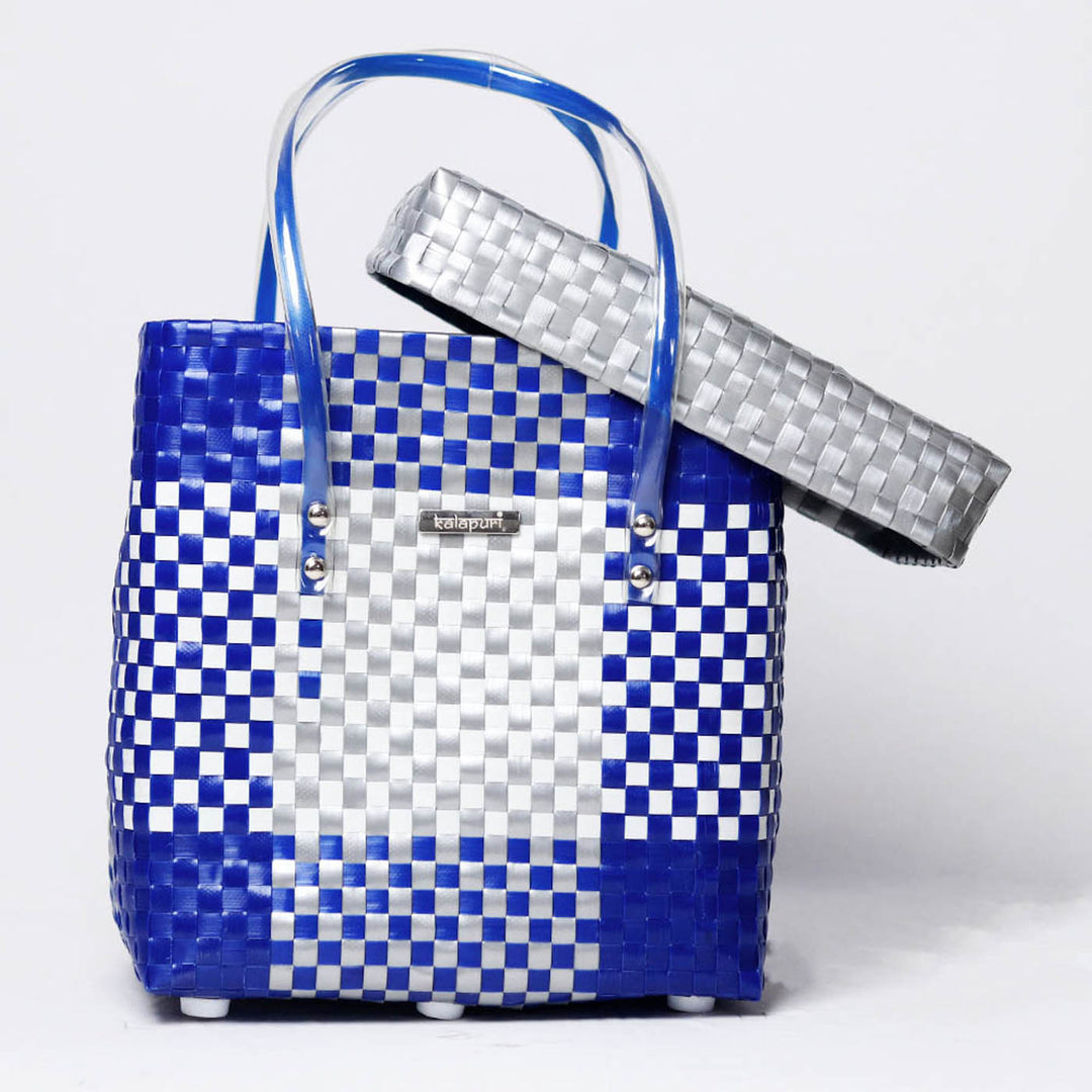 Handwoven Blue & White Checked Storage Basket With Grey Lid