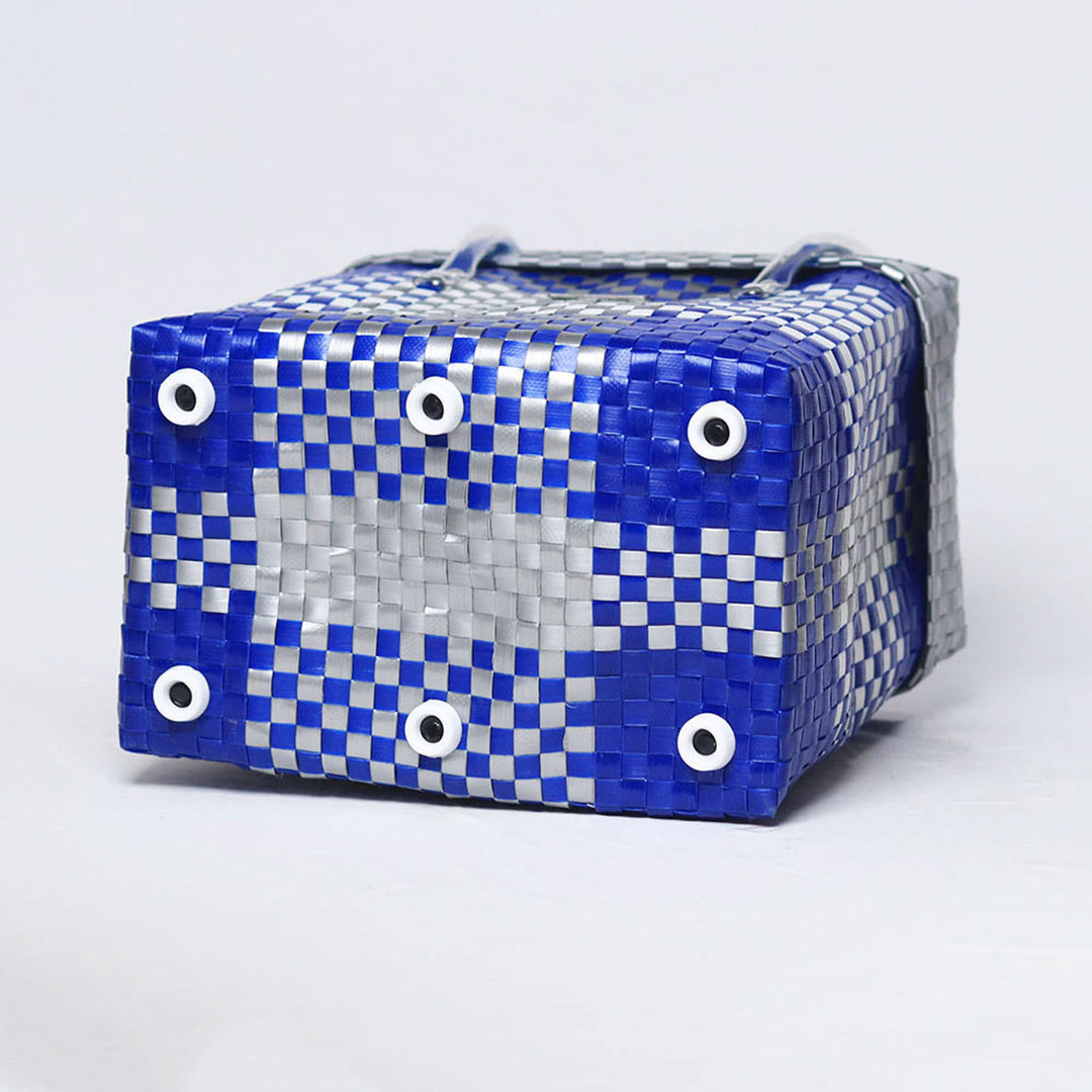 Handwoven Blue & White Checked Storage Basket With Grey Lid