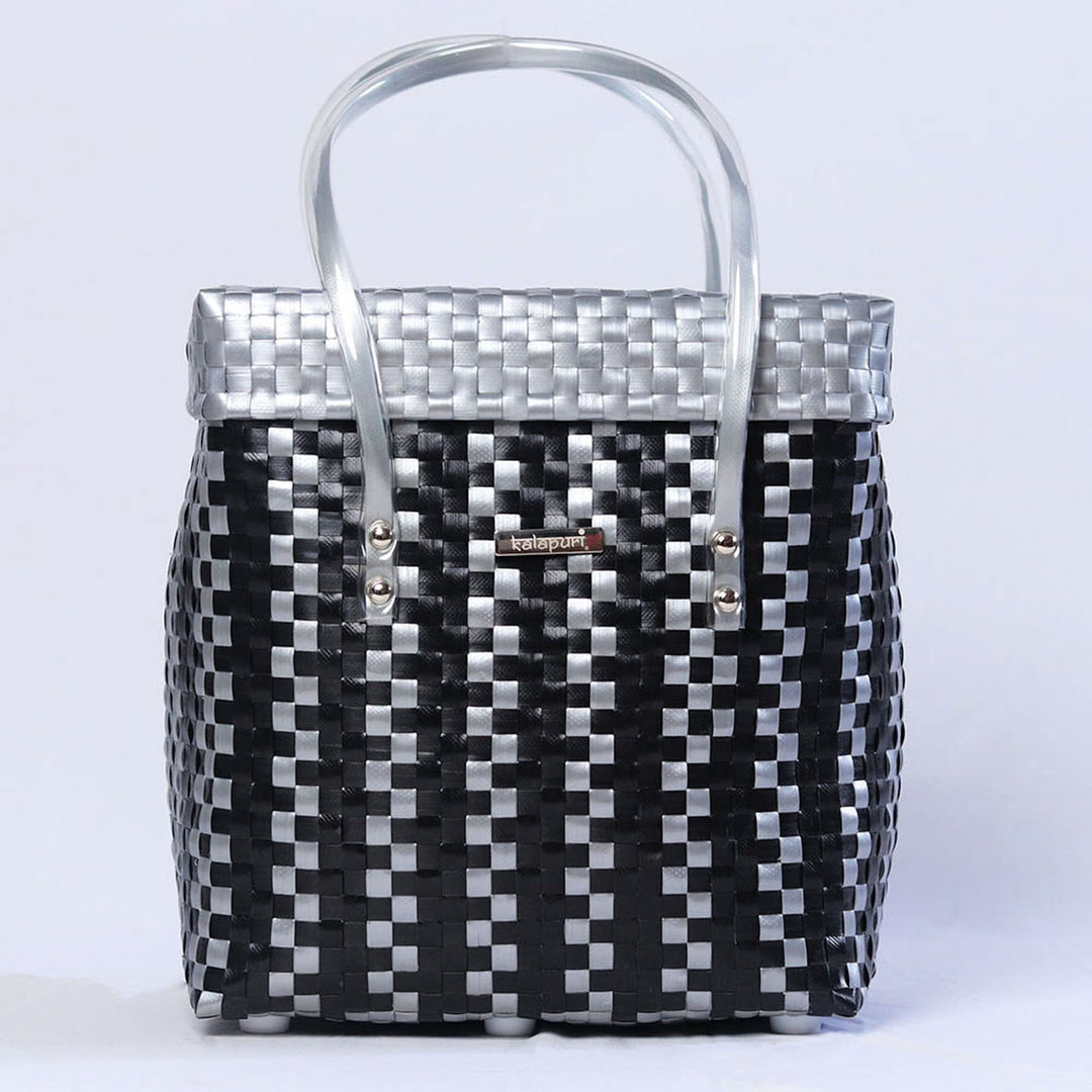 Handwoven Black & Grey Checked Storage Basket With Grey Lid