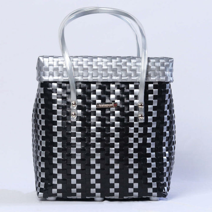 Handwoven Black & Grey Checked Storage Basket With Grey Lid