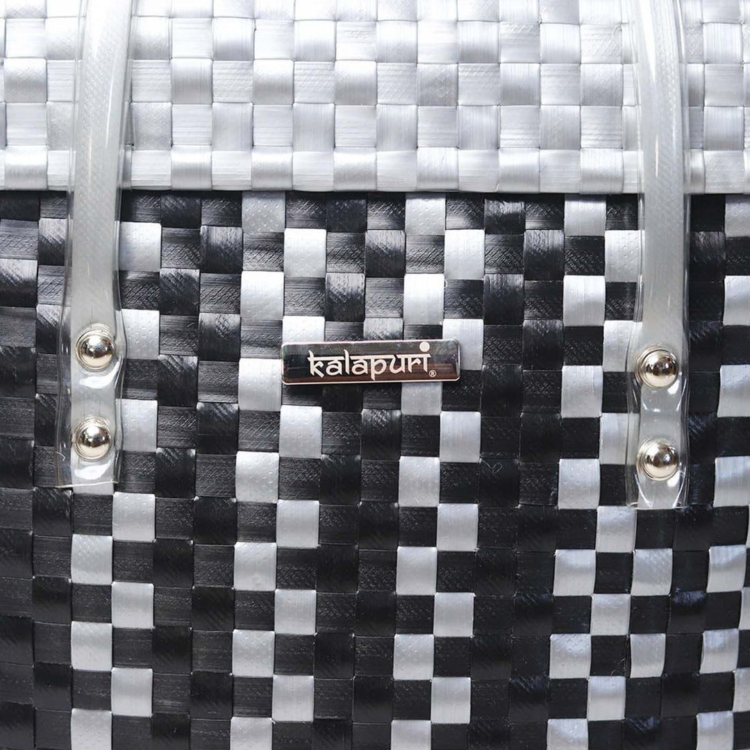 Handwoven Black & Grey Checked Storage Basket With Grey Lid