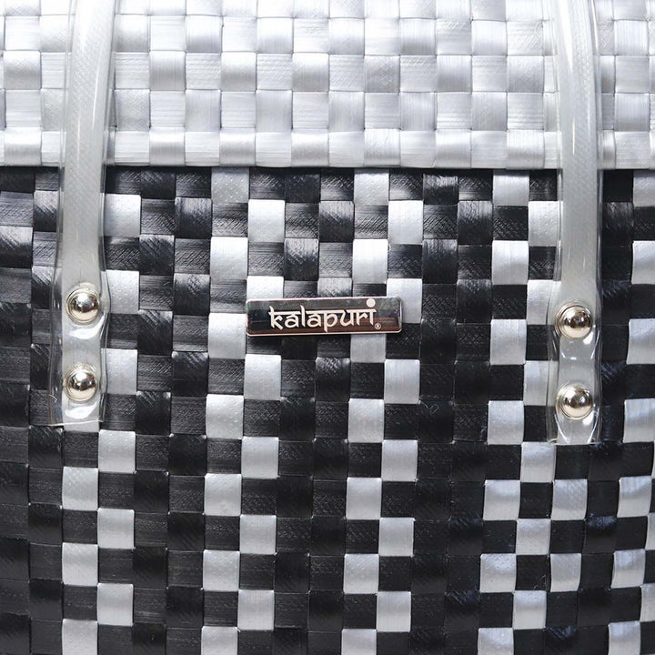 Handwoven Black & Grey Checked Storage Basket With Grey Lid
