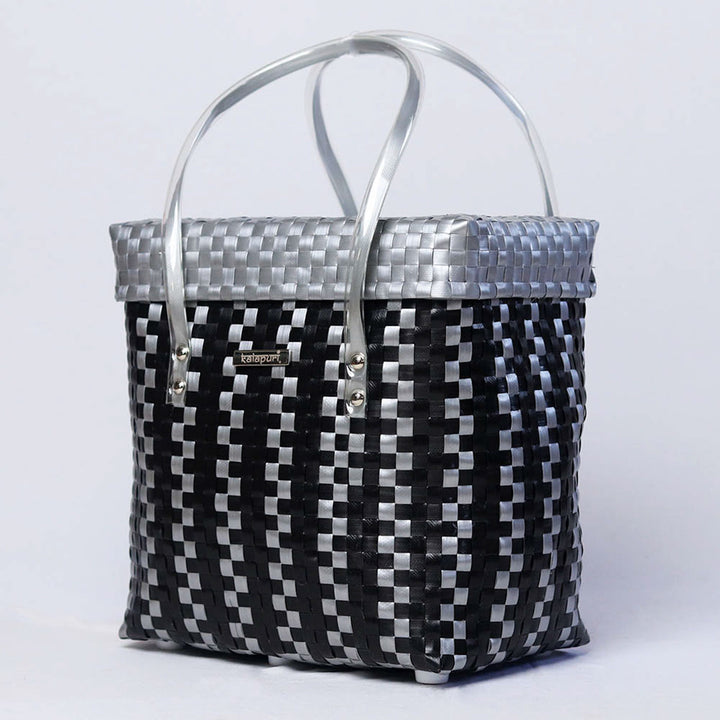 Handwoven Black & Grey Checked Storage Basket With Grey Lid