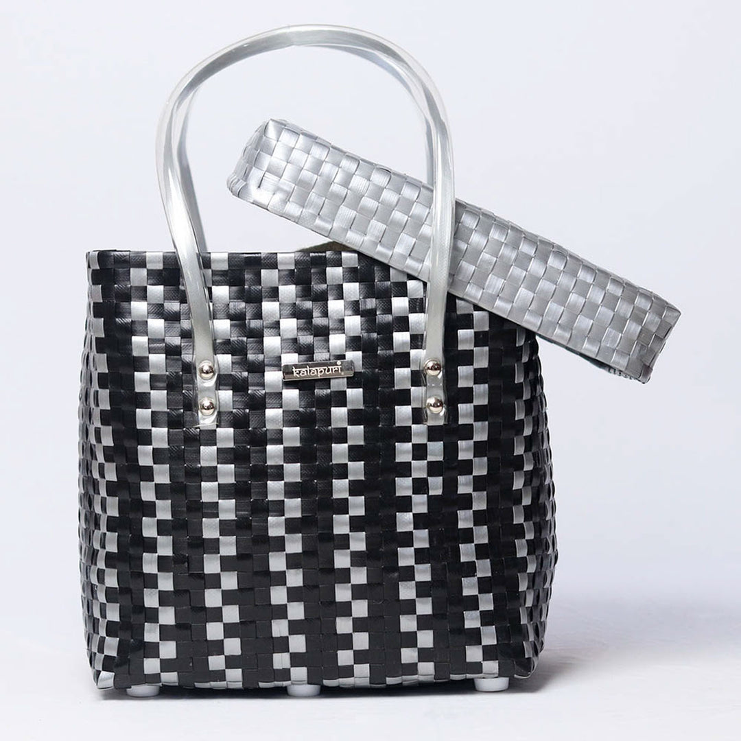 Handwoven Black & Grey Checked Storage Basket With Grey Lid
