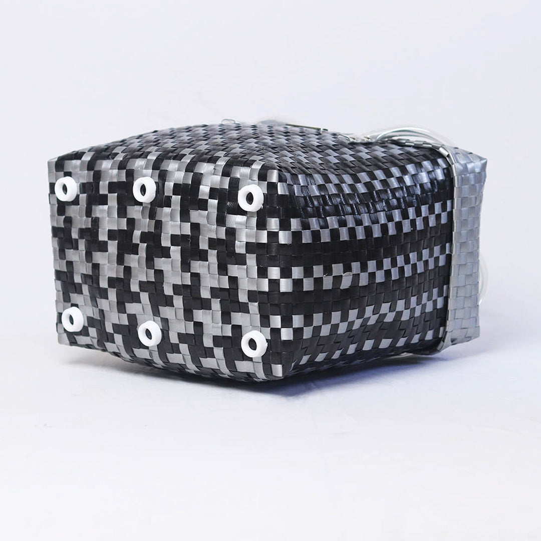 Handwoven Black & Grey Checked Storage Basket With Grey Lid
