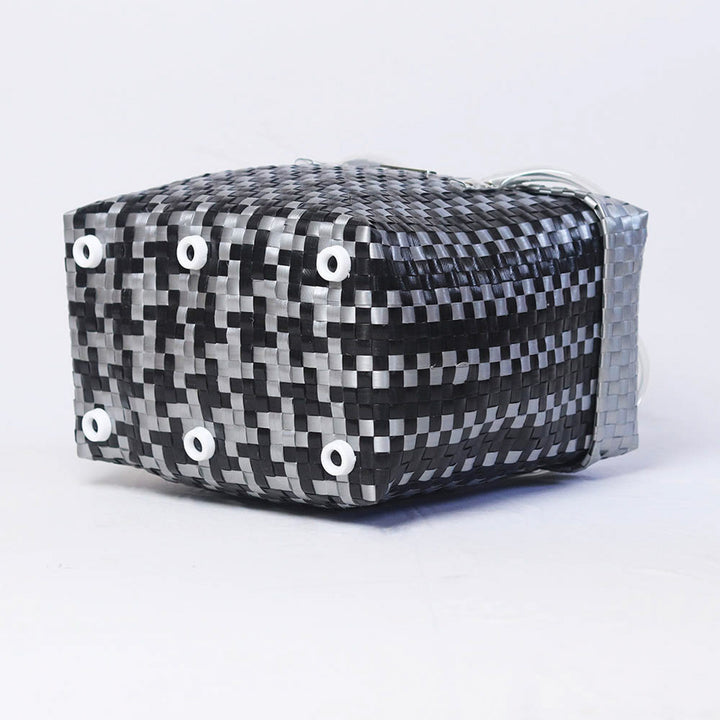 Handwoven Black & Grey Checked Storage Basket With Grey Lid