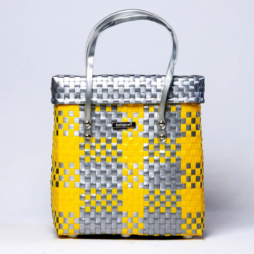 Handwoven Yellow & Grey Checked Storage Basket With Grey Lid