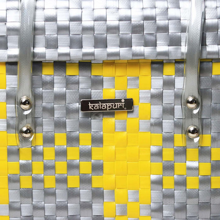 Handwoven Yellow & Grey Checked Storage Basket With Grey Lid