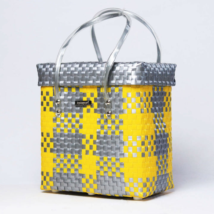 Handwoven Yellow & Grey Checked Storage Basket With Grey Lid