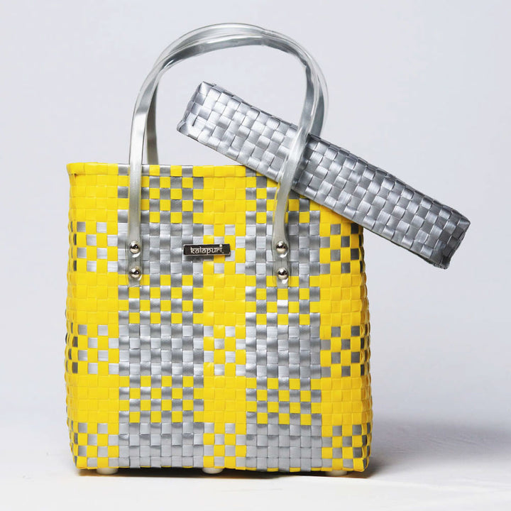 Handwoven Yellow & Grey Checked Storage Basket With Grey Lid