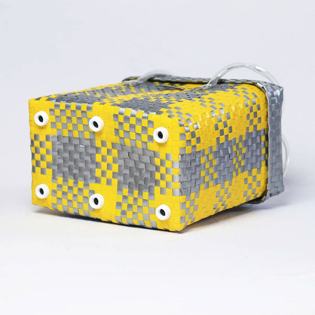 Handwoven Yellow & Grey Checked Storage Basket With Grey Lid