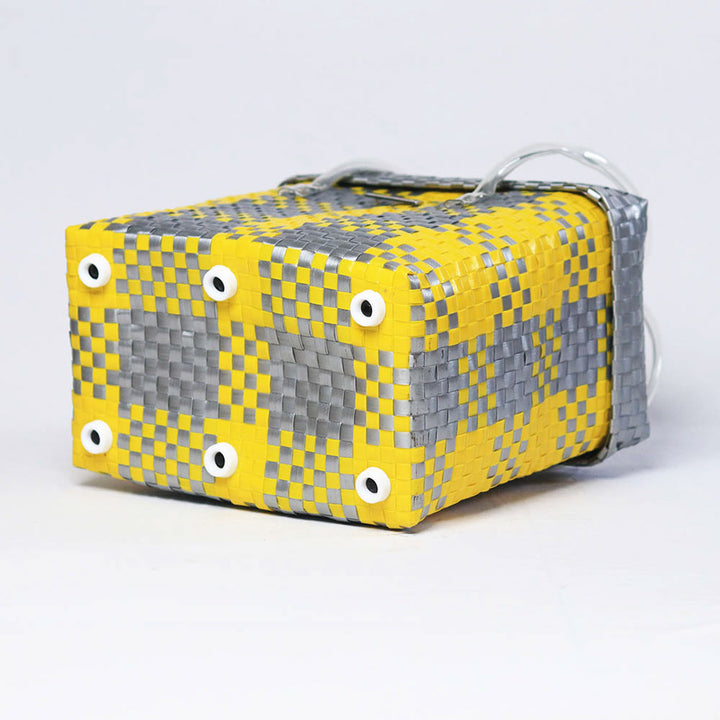 Handwoven Yellow & Grey Checked Storage Basket With Grey Lid