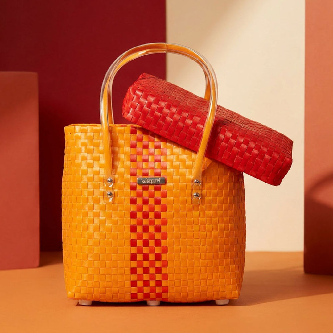 Handwoven Orange & Red Woven Storage Basket With Lid