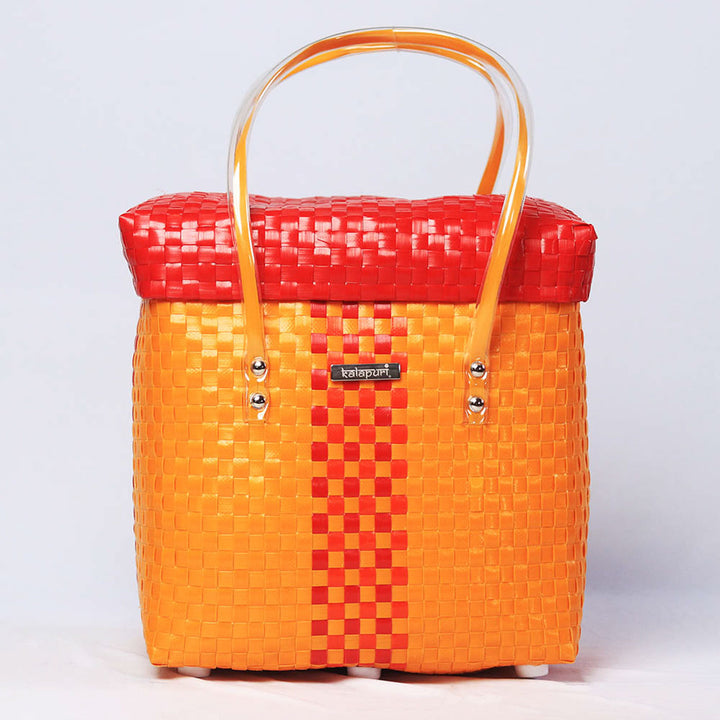 Handwoven Orange & Red Woven Storage Basket With Lid