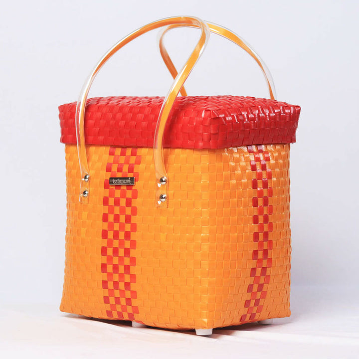 Handwoven Orange & Red Woven Storage Basket With Lid