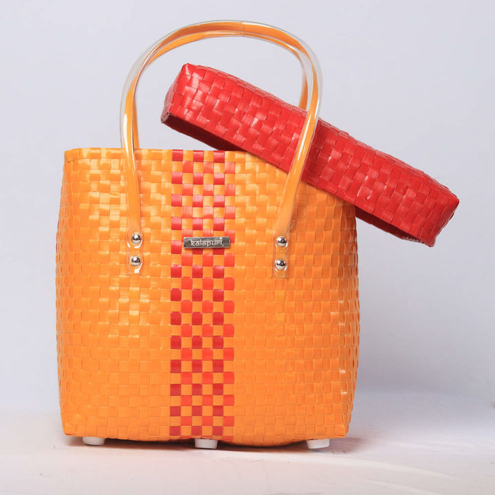 Handwoven Orange & Red Woven Storage Basket With Lid