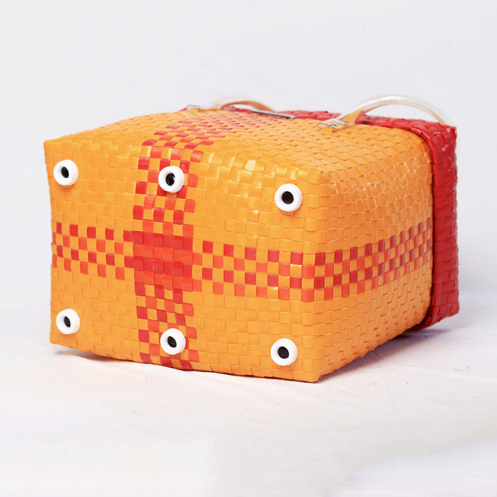 Handwoven Orange & Red Woven Storage Basket With Lid